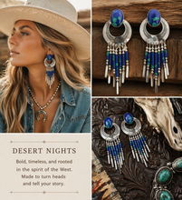 Load image into Gallery viewer, Blue Green Concho Fringe Earrings