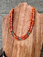 Load image into Gallery viewer, Orange Spiny Oyster Chip Necklace + Turquoise