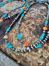 Load image into Gallery viewer, 35" Navajo Pearl Necklace With Orange Spiny Oyster & Turquoise