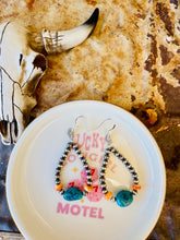 Load image into Gallery viewer, Navajo Pearl Teardrop Earrings With Turquoise Nuggets & Orange Spiny Oyster