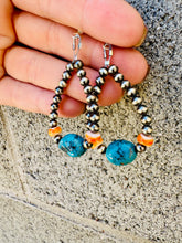 Load image into Gallery viewer, Navajo Pearl Teardrop Earrings With Turquoise Nuggets & Orange Spiny Oyster