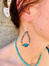 Load image into Gallery viewer, Navajo Pearl Teardrop Earrings With Turquoise Nuggets & Orange Spiny Oyster