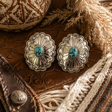 Load image into Gallery viewer, Large Concho Statement Earrings With Turquoise Center
