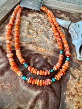 Load image into Gallery viewer, Orange Spiny Oyster Chip Necklace + Turquoise
