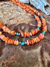 Load image into Gallery viewer, Orange Spiny Oyster Chip Necklace + Turquoise
