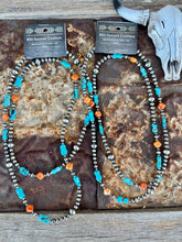 Load image into Gallery viewer, 35" Navajo Pearl Necklace With Orange Spiny Oyster &amp; Turquoise
