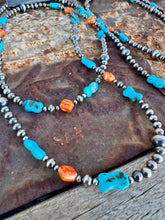Load image into Gallery viewer, 35" Navajo Pearl Necklace With Orange Spiny Oyster &amp; Turquoise
