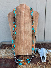 Load image into Gallery viewer, 35" Navajo Pearl Necklace With Orange Spiny Oyster &amp; Turquoise
