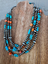 Load image into Gallery viewer, 35" Navajo Pearl Necklace With Orange Spiny Oyster &amp; Turquoise
