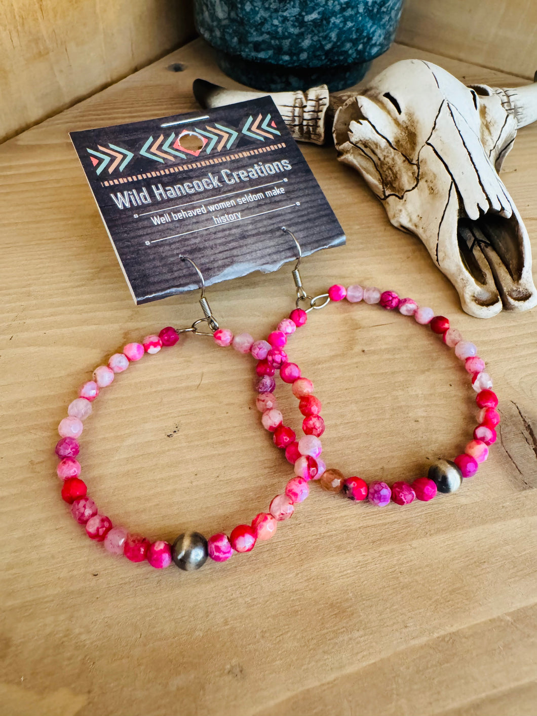 Navajo Pearl & Pink Jade Hoop Earrings