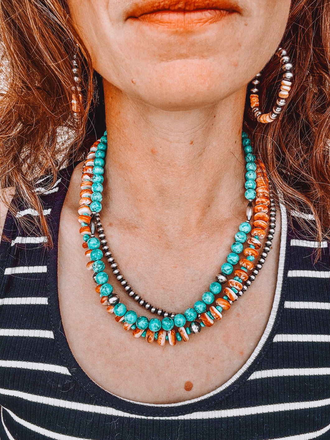 10mm Orange Spiny Oyster Necklace with Turquoise Nuggets