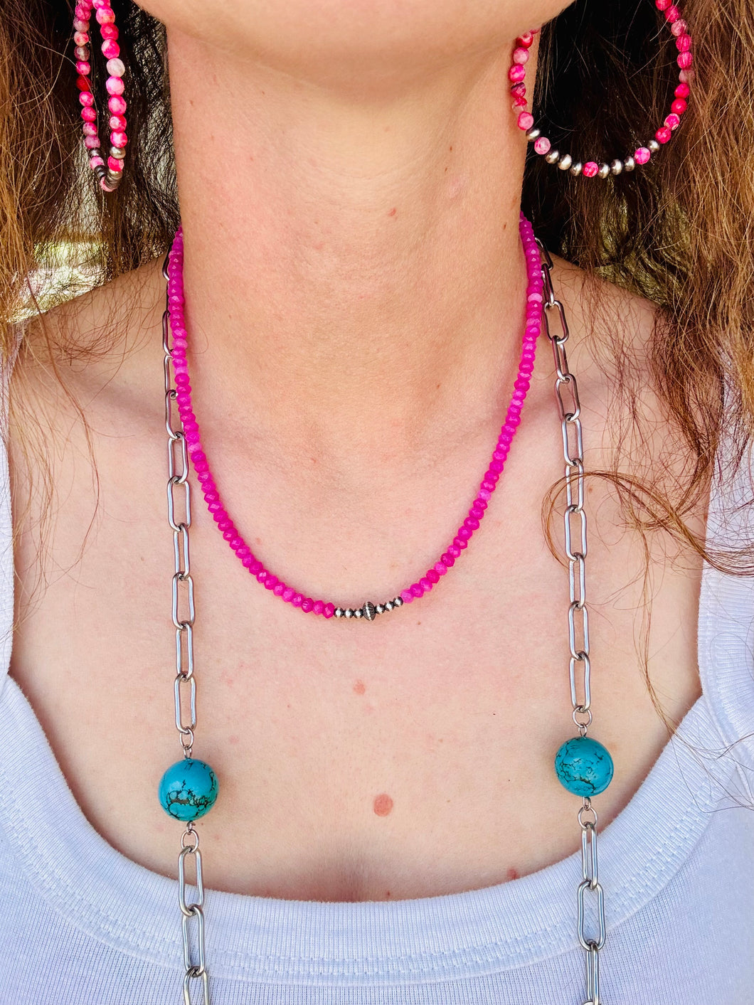Hot Pink Choker With Navajo Pearls