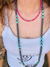 Load image into Gallery viewer, Extra Long Hematite And Genuine Turquoise Necklace
