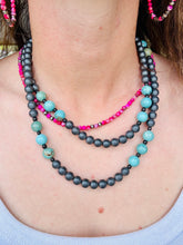 Load image into Gallery viewer, Extra Long Hematite And Genuine Turquoise Necklace
