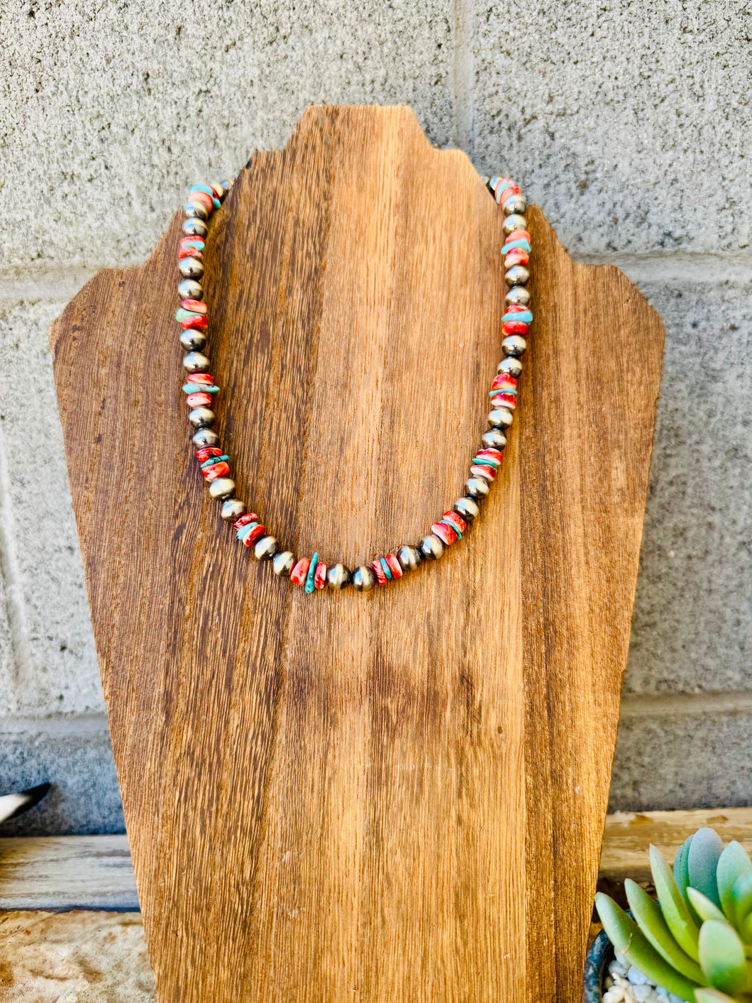 8MM Navajo Pearl Necklace With Spiny Oyster & Turquoise