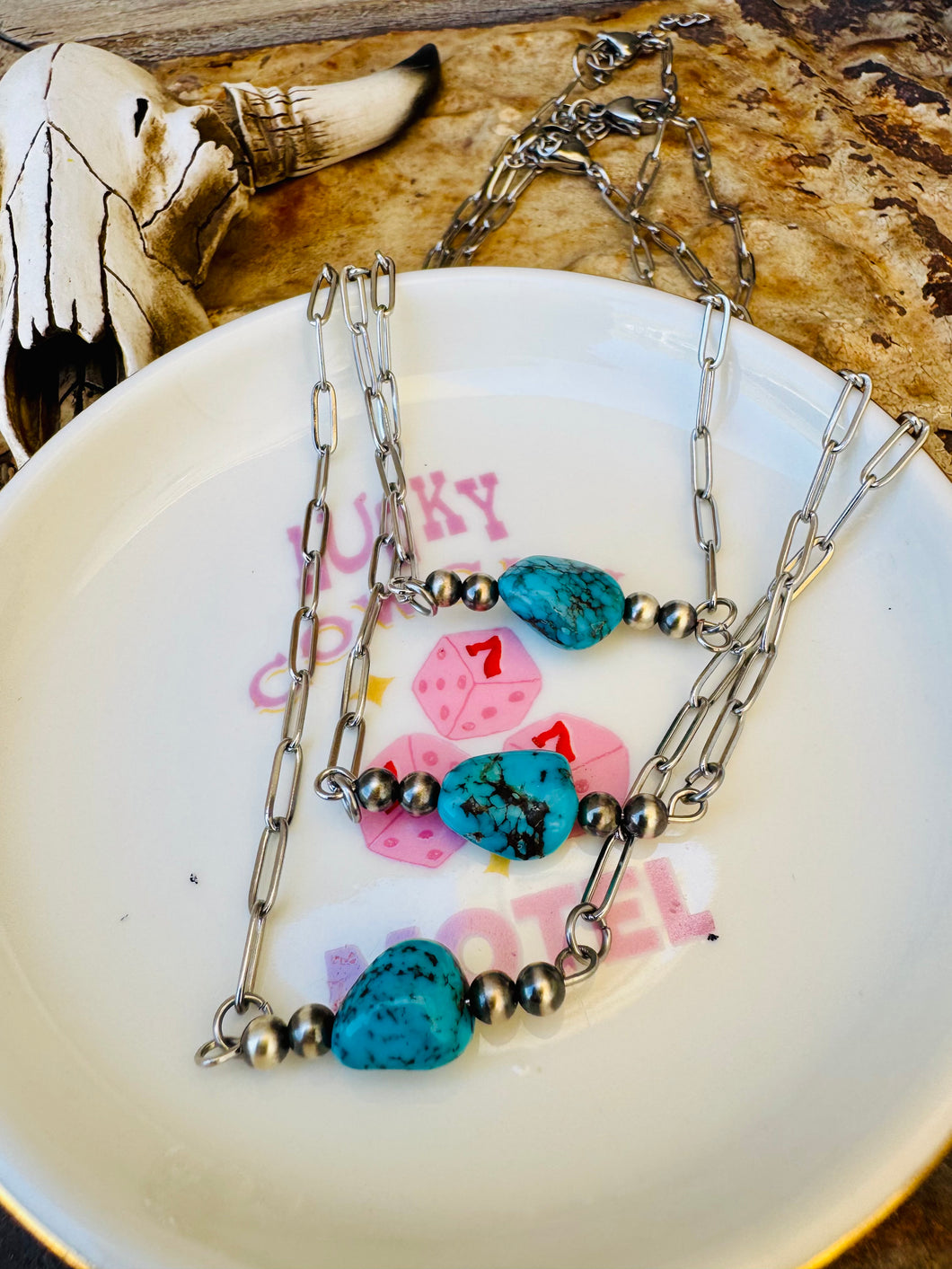 Genuine Turquoise Bar Choker With 4MM Navajo Pearls