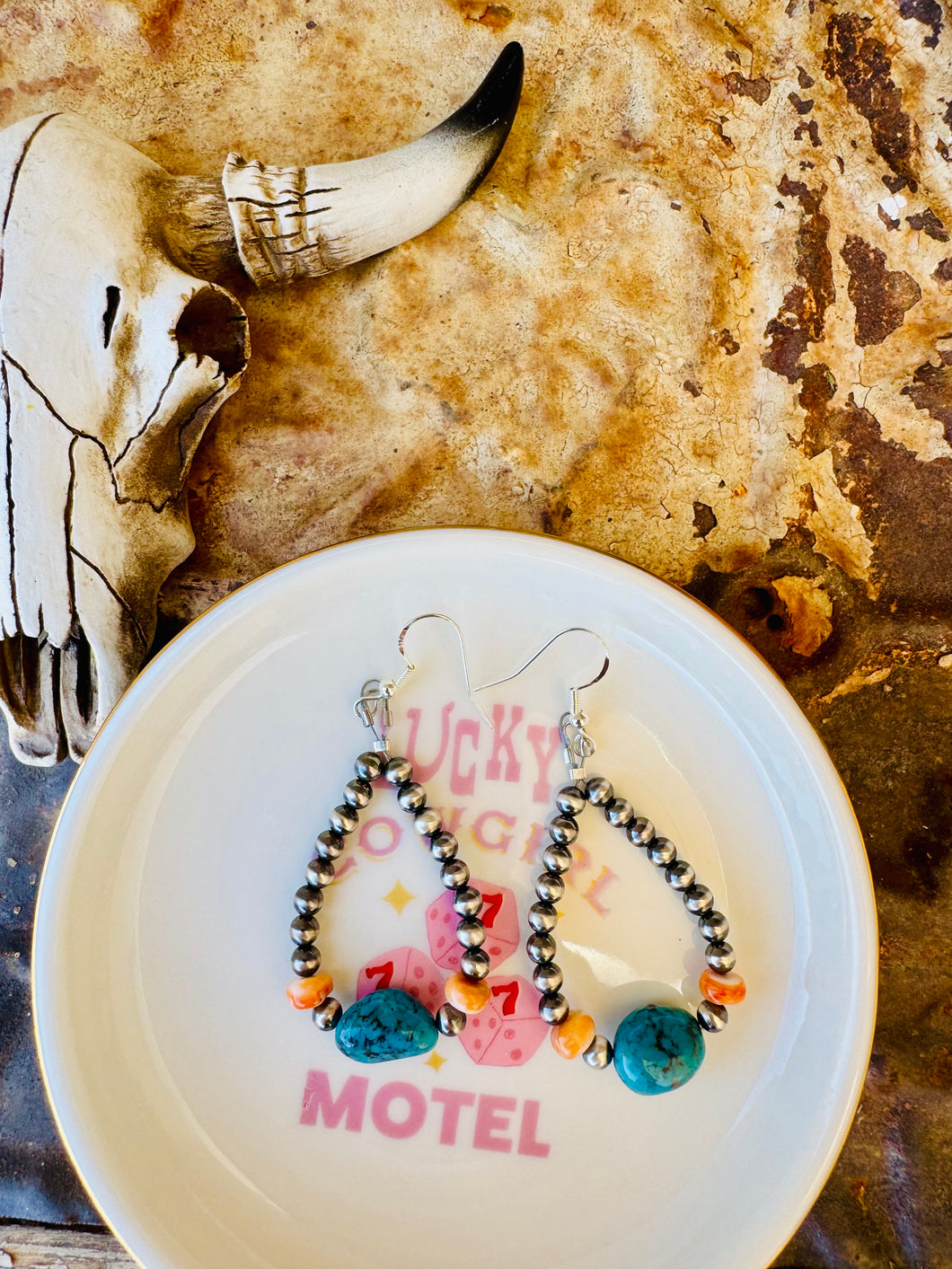 Navajo Pearl Teardrop Earrings With Turquoise Nuggets & Orange Spiny Oyster