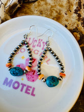Load image into Gallery viewer, Navajo Pearl Teardrop Earrings With Turquoise Nuggets &amp; Orange Spiny Oyster
