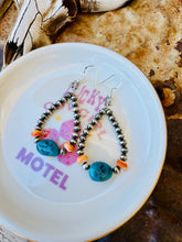 Load image into Gallery viewer, Navajo Pearl Teardrop Earrings With Turquoise Nuggets &amp; Orange Spiny Oyster
