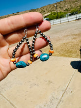 Load image into Gallery viewer, Navajo Pearl Teardrop Earrings With Turquoise Nuggets &amp; Orange Spiny Oyster
