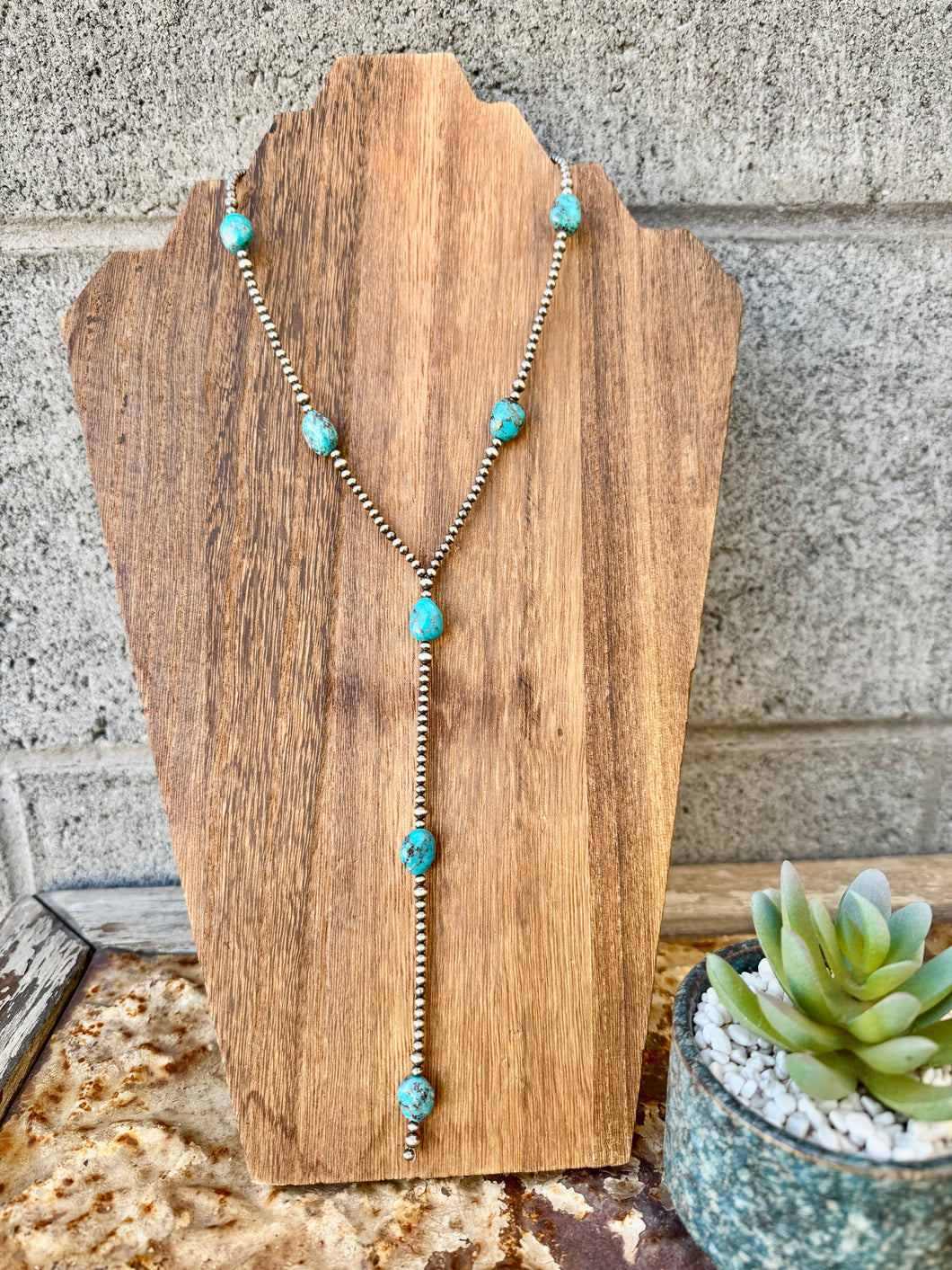 Navajo Pearl Lariat Necklace With Turquoise
