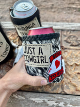 Load image into Gallery viewer, Cowhide Can Koozie- Cute Butts &amp; Honky Tonks, Just A Cowgirl Born To Win, Cowabunga Era
