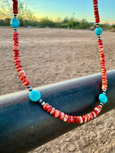 Load image into Gallery viewer, Orange Spiny Oyster Necklace With Turquoise &amp; Navajo Pearls
