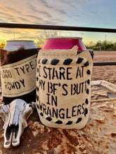 Load image into Gallery viewer, Cowhide Can Koozie- Blood Type: Rowdy, I Stare At My Bf's Butt, Bonified Cowpuncher

