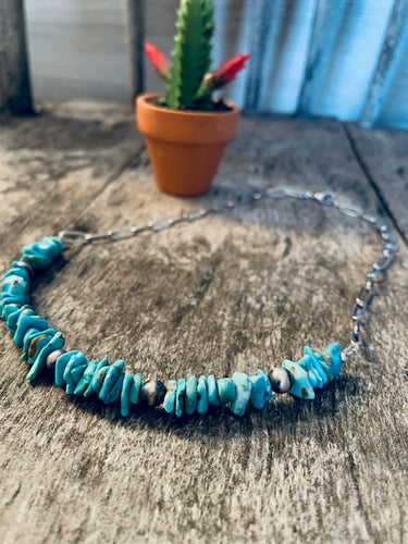 Genuine Turquoise Choker With Navajo Pearls